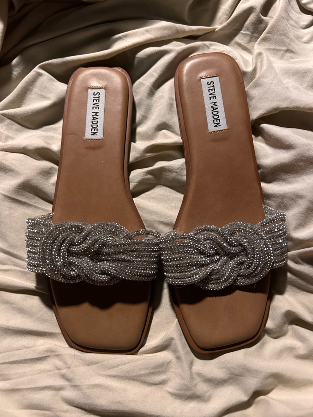 Steve Madden Brown Slide Sandals with Silver Braided Crystal Strap